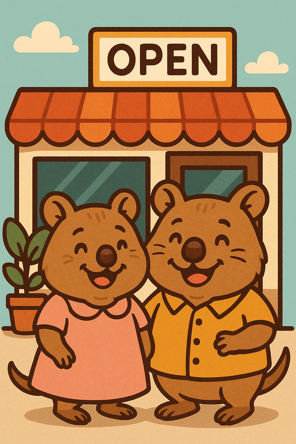 Two happy small-business owners in front of their shop